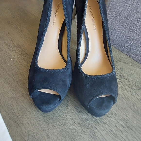 Antonio Melani Luna Black Suede Leather Peep Toe Stiletto Platform Heels Sz 9.5M - Picture 7 of 12